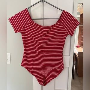 Red and White striped square neck bodysuit